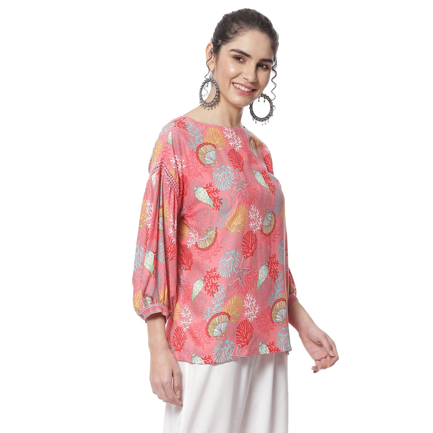 Rangriti Women's Coral Printed Straight Viscose Ethnic Top (RMMEASY BRE18098_M)