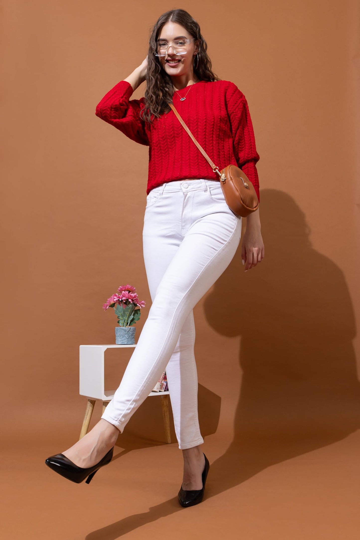 Style Dusk Women's Full Sleeves Round Neck Cable Design Pure Woolen Pullover Sweater for Winter Season (in, Alpha, 2XL, Red)