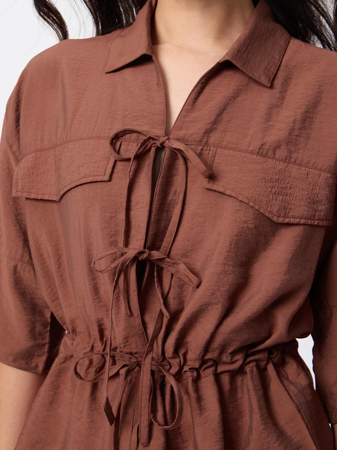 The Souled Store Cocoa Dust: Women and Girls Half Sleeves Spread Collar Brown Solid Viscose Nylon Regular Fit Comfortable All-Season Casual Wear Shirt