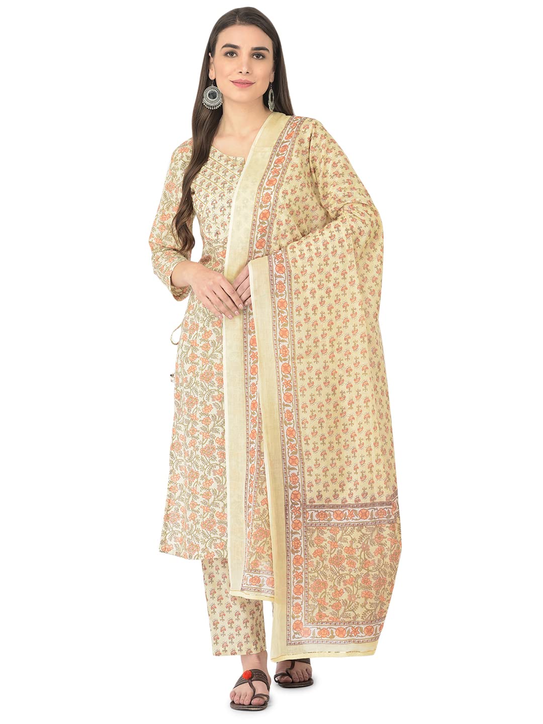 Pistaa's Women Cotton Straight Printed Suit Set (Cream, XX-Large)