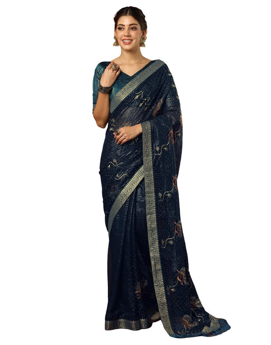 Satrani Women's Georgette Stone Work & Embroidery Saree with Unstitched Blouse Piece (4397S3142N_Rama Blue)