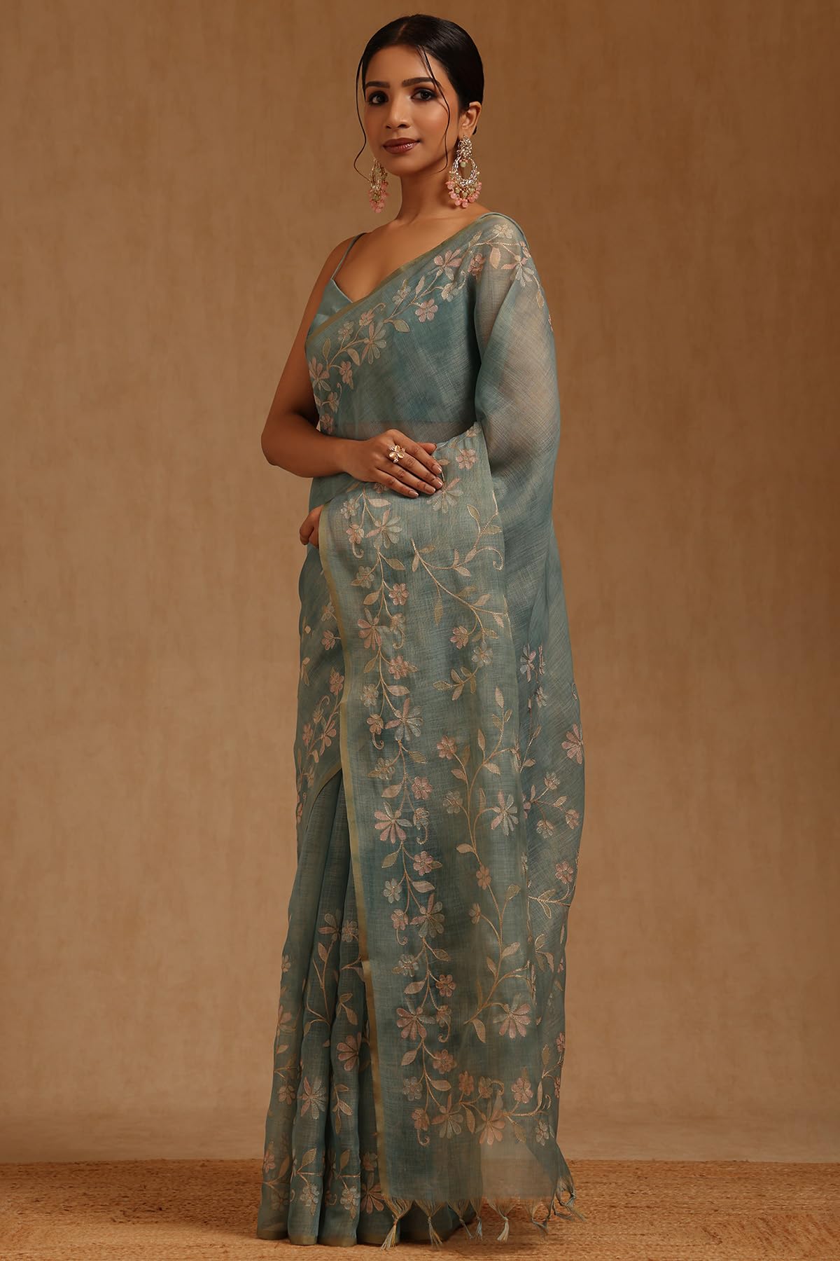 Soch Womens Light Teal Linen Floral Printed Saree With Zari