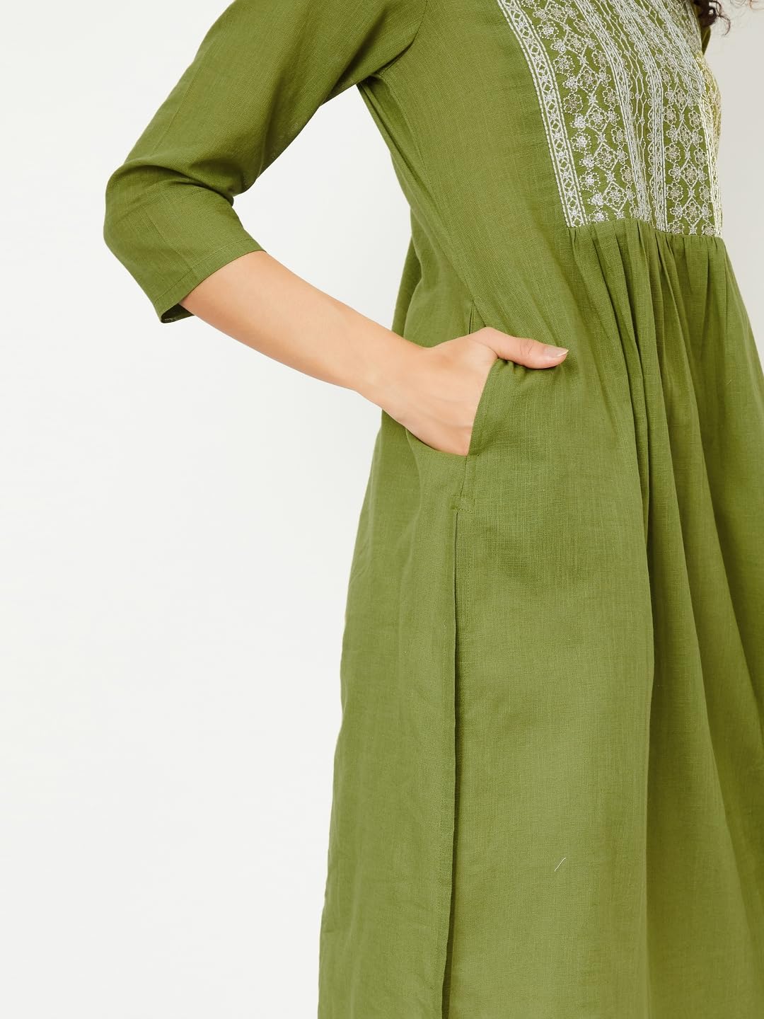 Max Women Cotton Blend Regular Fit Kurta (PFEKSP25KE_Green, Large)