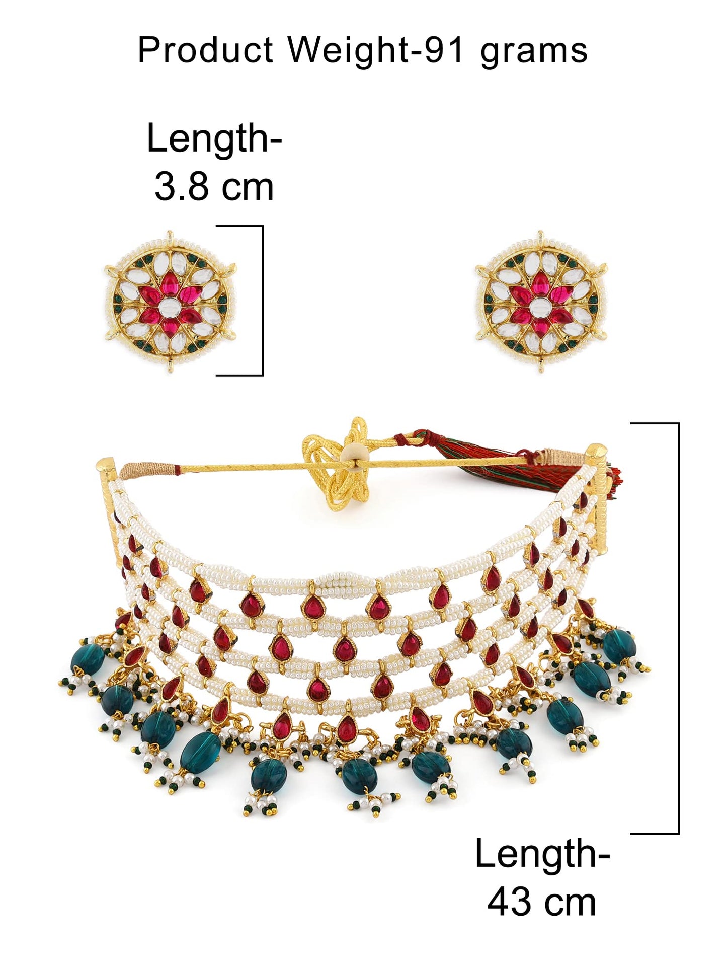 ZAVERI PEARLS Pink Kundan & Green Beads Choker Necklace Earring & Ring Set For Women-ZPFK11071