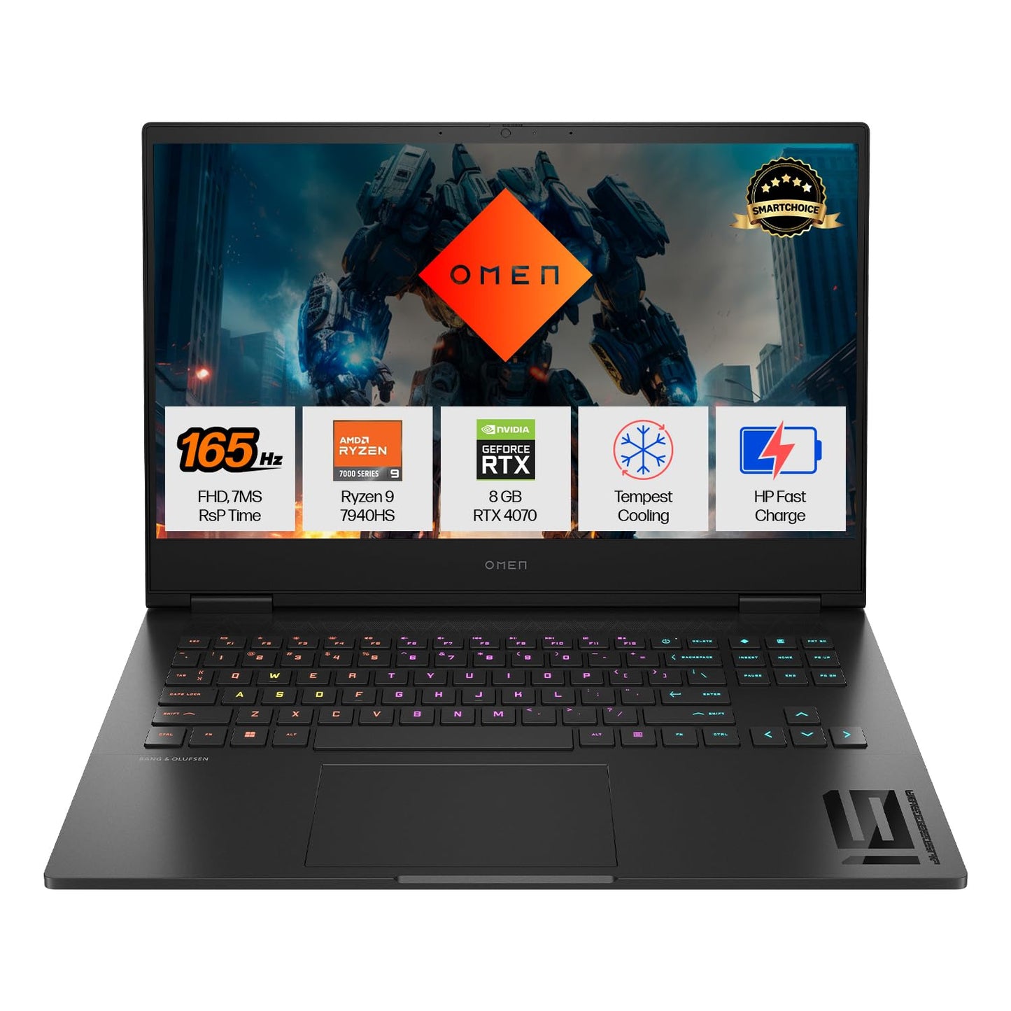 HP Smartchoice Omen, AMD Ryzen 9 7940HS, 8GB RTX 4070 (16GB DDR5,1TB SSD) 165Hz, IPS, 300 nits, FHD, 16.1''/40.9cm, Black, 2.38Kg, Xf0100Ax, RGB KB, B&O, Tempest Cooling, AI-Powered Gaming Laptop