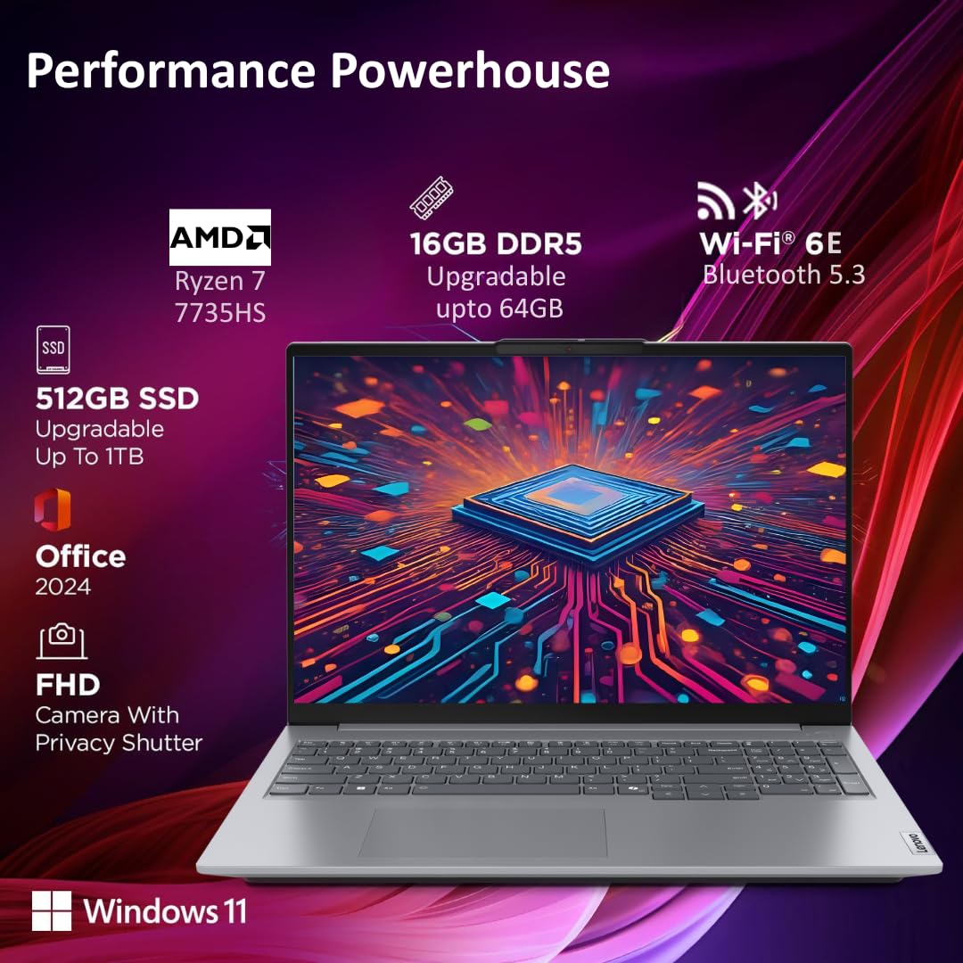 Lenovo ThinkBook 16 AMD Ryzen 7 7735HS (16GB RAM/512GB SSD/Win 11 Home/Office 2024/Backlit Keyboard/Fingerprint) 16" WUXGA IPS 300 Nits Thin & Light Laptop/1Y Warranty/Aluminium Top/1.7kg, 21MWA0R4IN