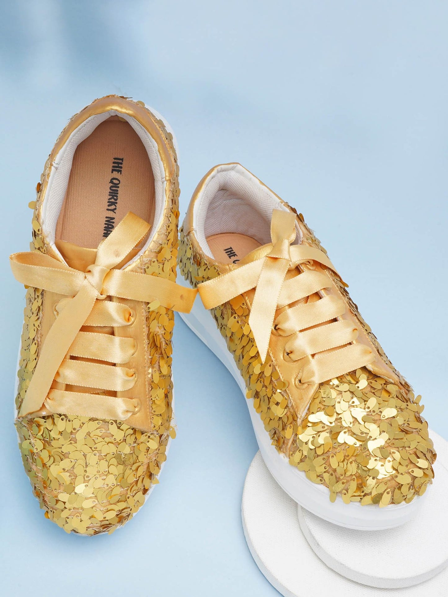 THE QUIRKY NAARI Golden Hour Sequin Sneakers Adorned with Style and Sparkle | Golden | 6 UK