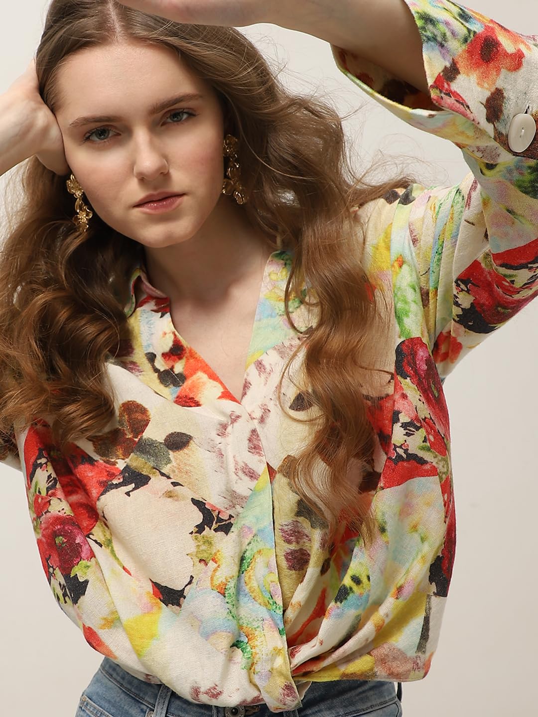 VERO MODA Women Floral Print Beige Viscose Regular Fit Shirt