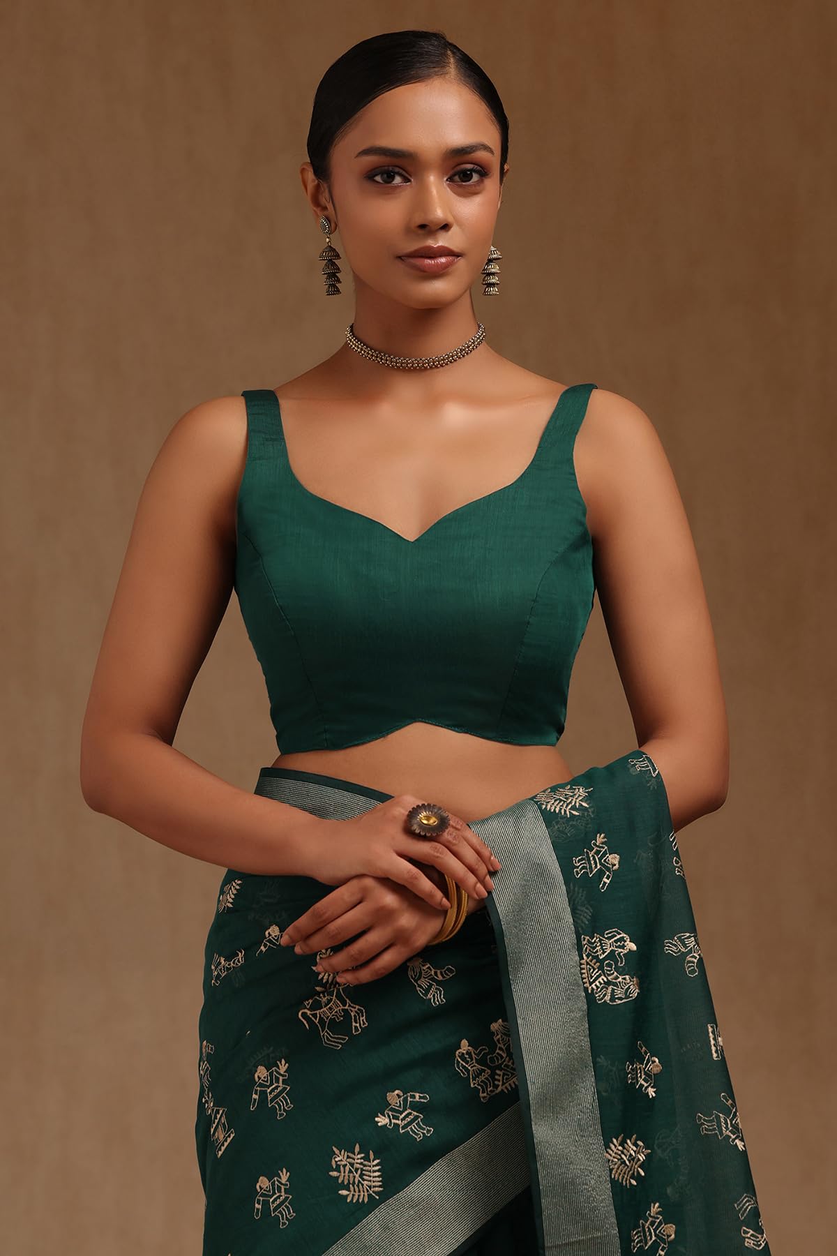 Soch Womens Teal Green Chanderi Warli Print Saree With Thread Work