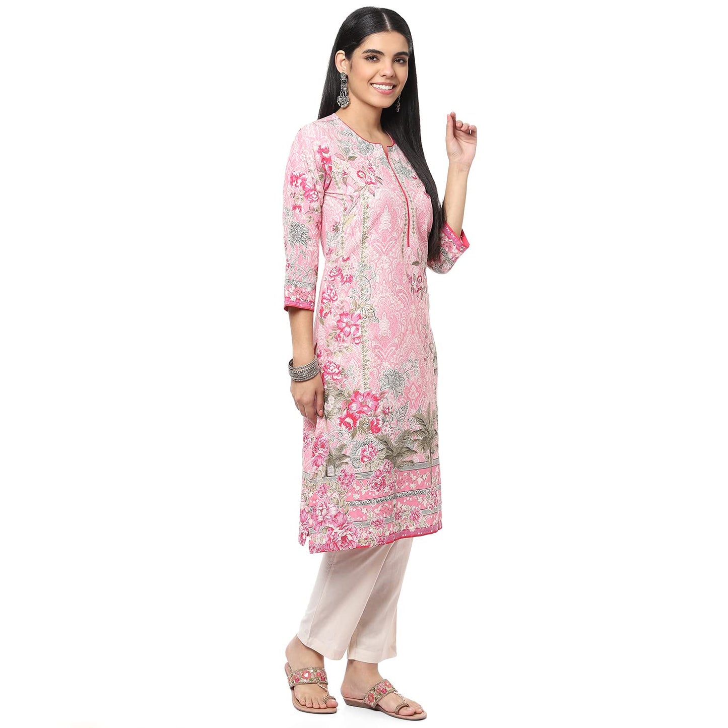 BIBA WOMEN PRINTED NARROW SALWAR KURTA DUPATTA(SKDGARDENIA8517_PINK_34)