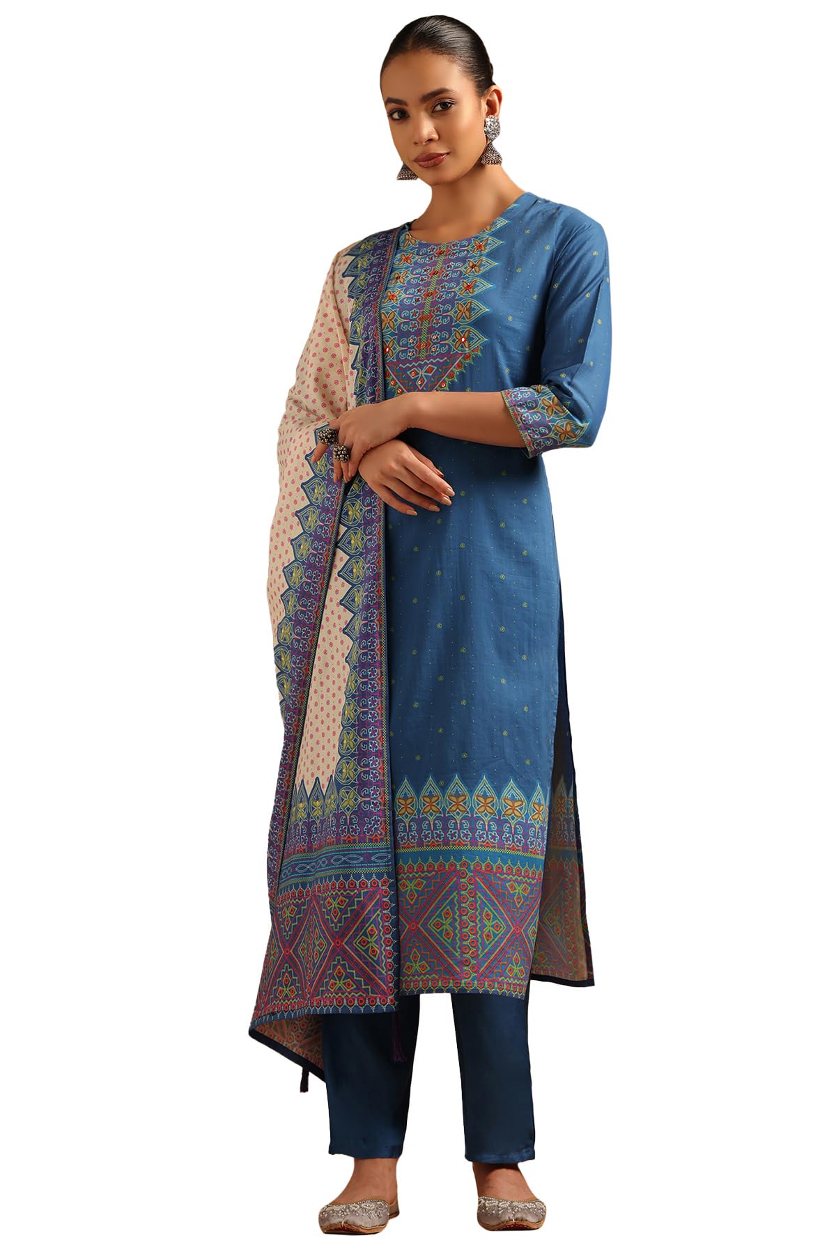 Soch Womens Blue Cambric Floral Salwar Suit With Faux Mirror