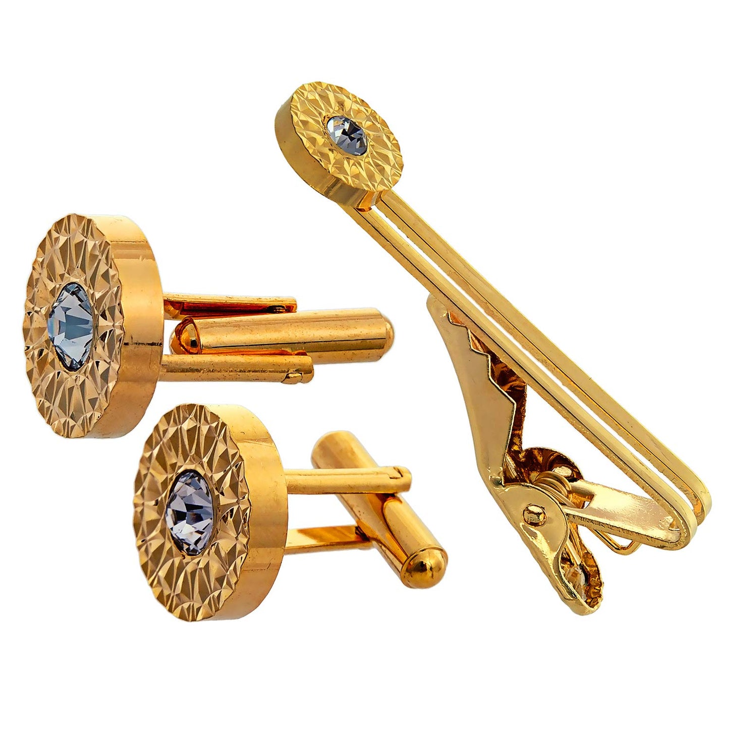 Lucky Jewellery Unique Men Jewelry White Color Stone Gold Plated Sleeve Button Formal Cuff Button Wedding Shirt Button, Suit, Blazer Cufflinks with Matching Tie Pin Gift Set For Men (245-M4C5-DCM38-W)