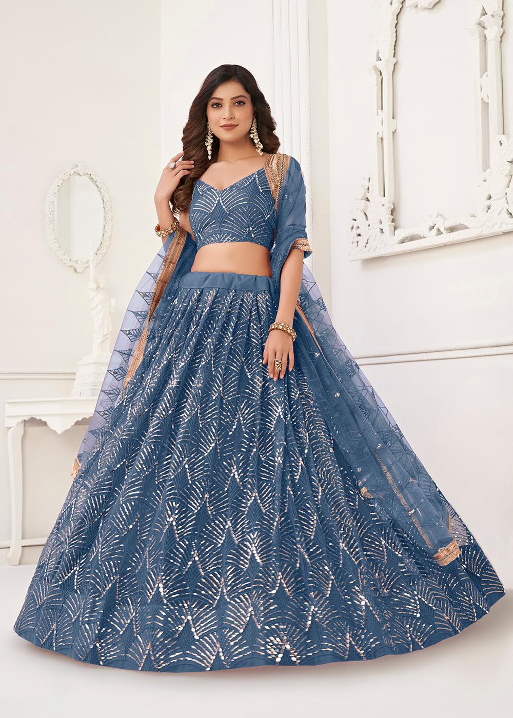 JIHU CULTURE Women's Net Lehenga Choli Set with Thread and Sequence Embroidery Work, Original Mirror Handwork Semi-Stitched Lehenga, Unstitched Blouse & Net Dupatta
