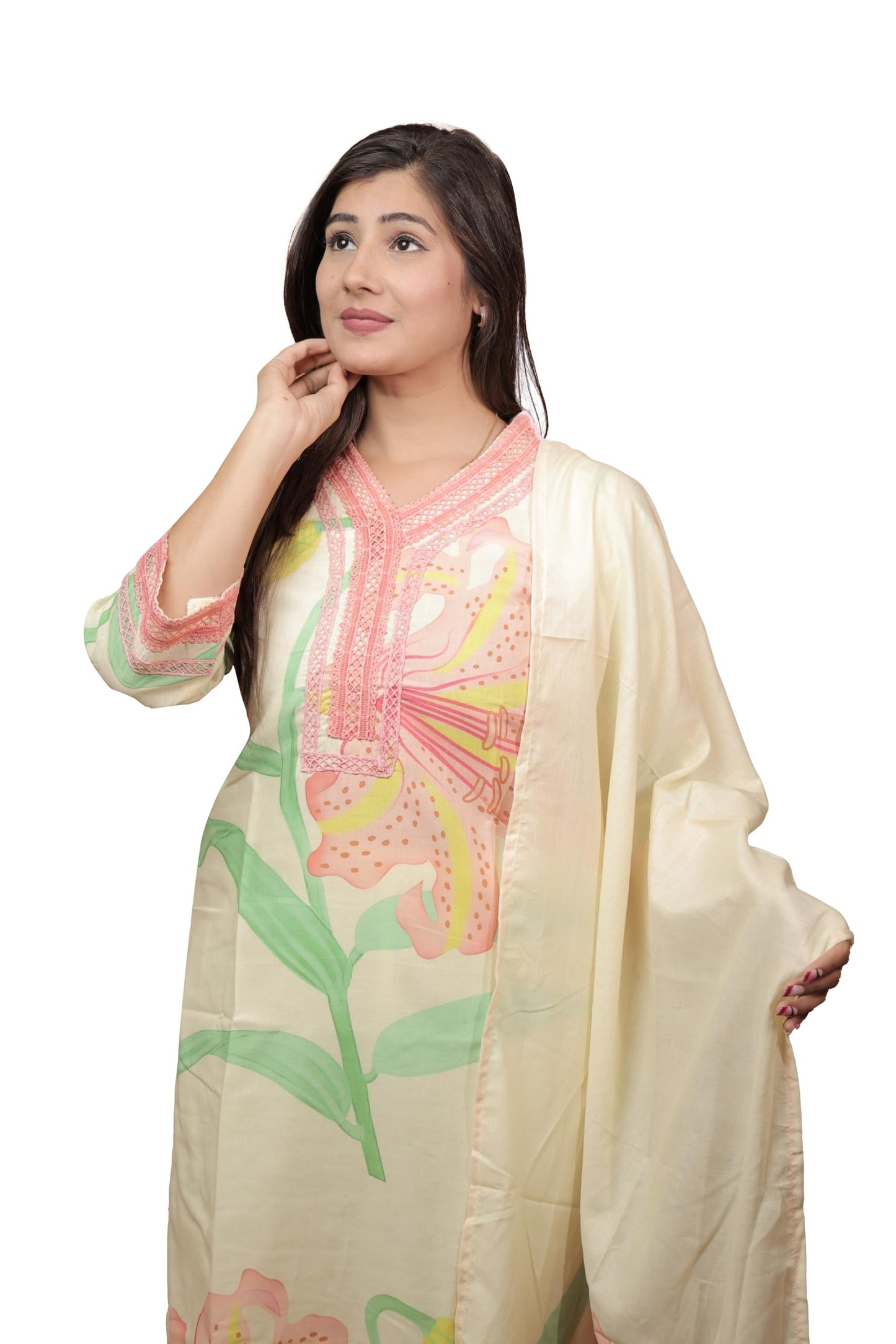 Vishtish Women's Cotton Salwar Suit with Dupatta, Printed Straight Kurta Pant and Dupatta Set (Cream, XXL)