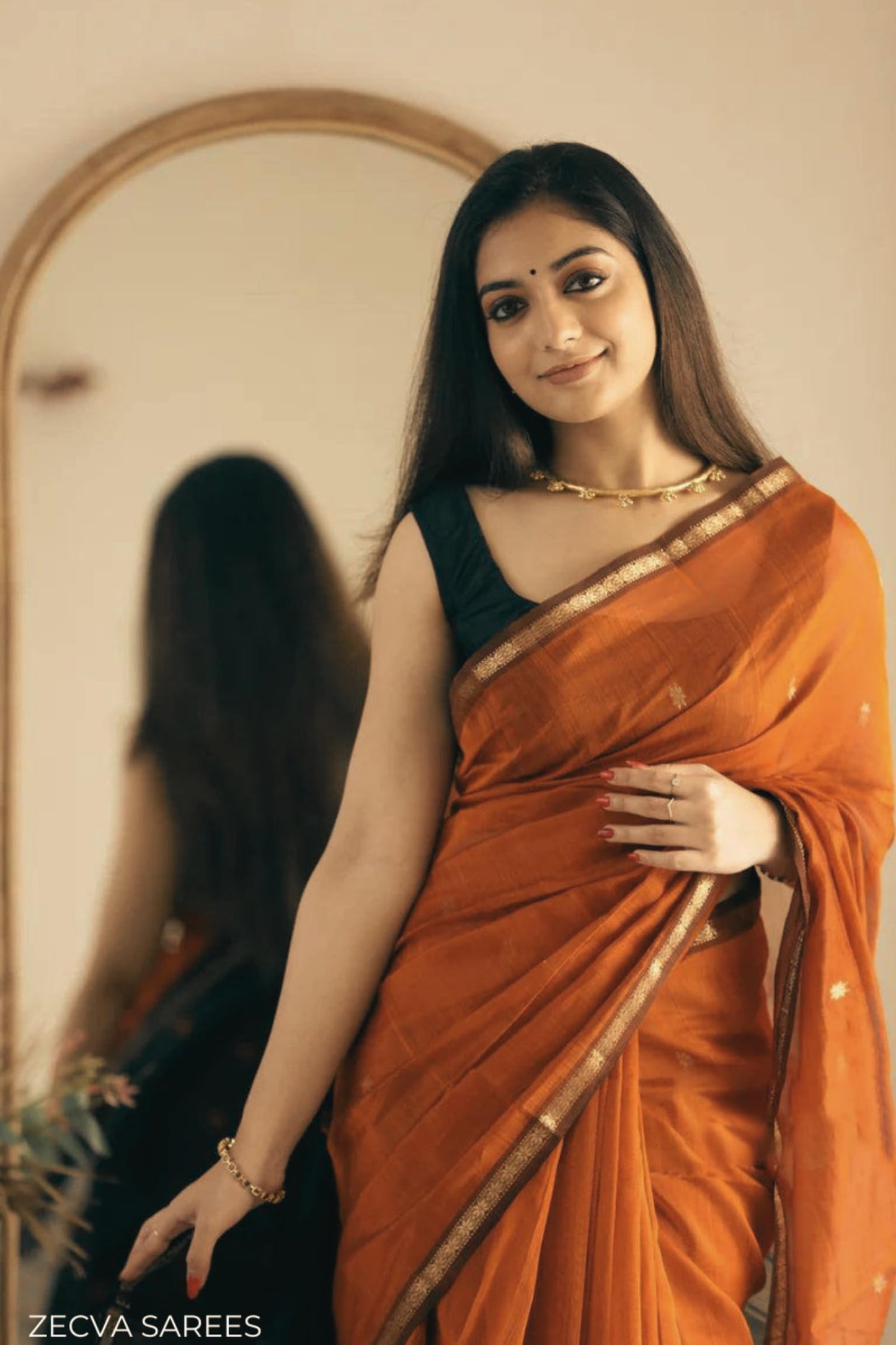 ZECVA Women's Pure Spun Linen Cotton Lichi Silk Saree With Attach Unstitch Blouse Piece (DARK ORANGE BLACK)
