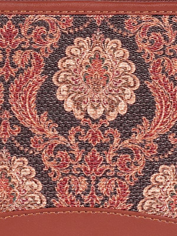 ZOUK Jodhpur Damask Motif Printed Women Jute Vegan Leather Brown Trendy Fashionable Ladies Hand Wallet/Purses