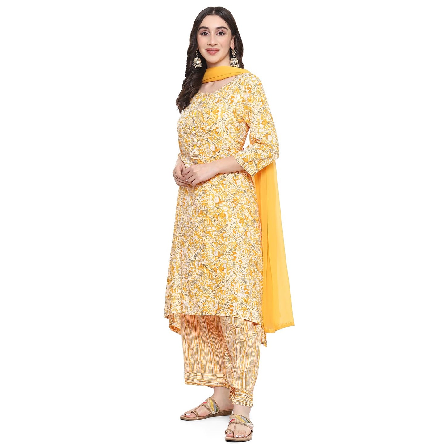 BIBA Women's Rayon Printed Straight Kurta Salwar Kurta Dupatta (Skd9677_Yellow_34)