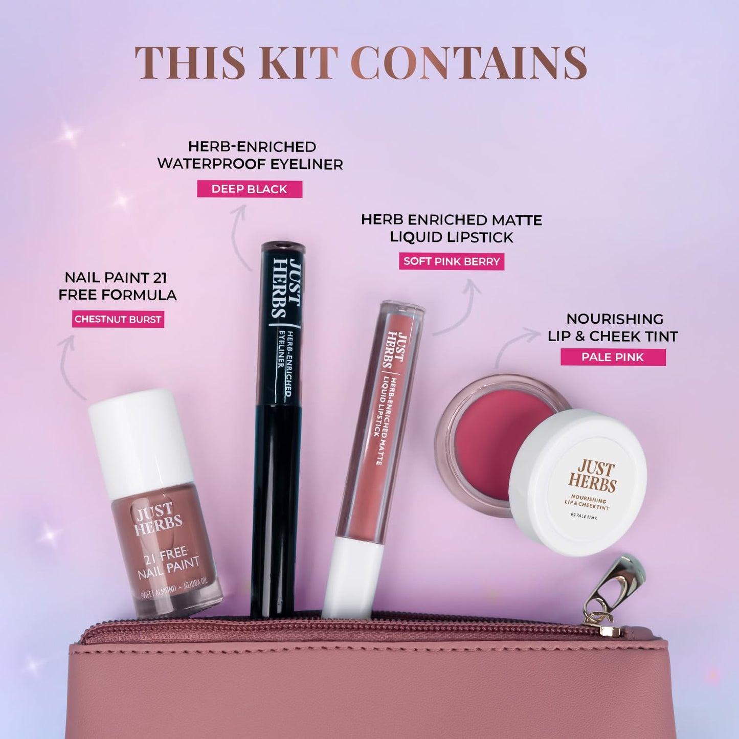Just Herbs All in 1 Glam Kit Travel Frindly Gifting Pouch for Women (Lip & Cheeck Tint, Liquid Lipstick, Nail Paint, Eyeliner)