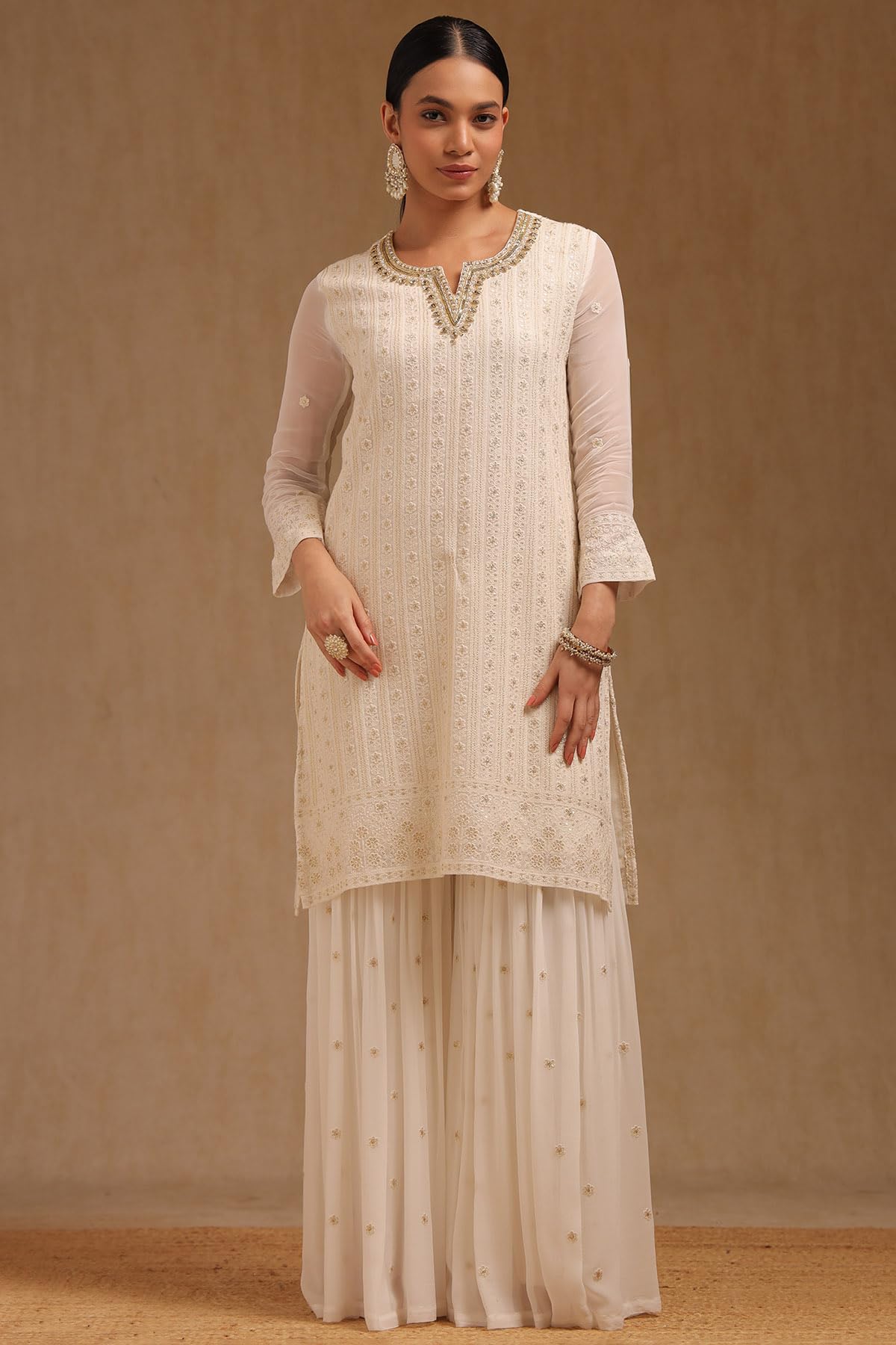 Soch Womens Off White Georgette Embroidered Suit Set With Beads And With Stones