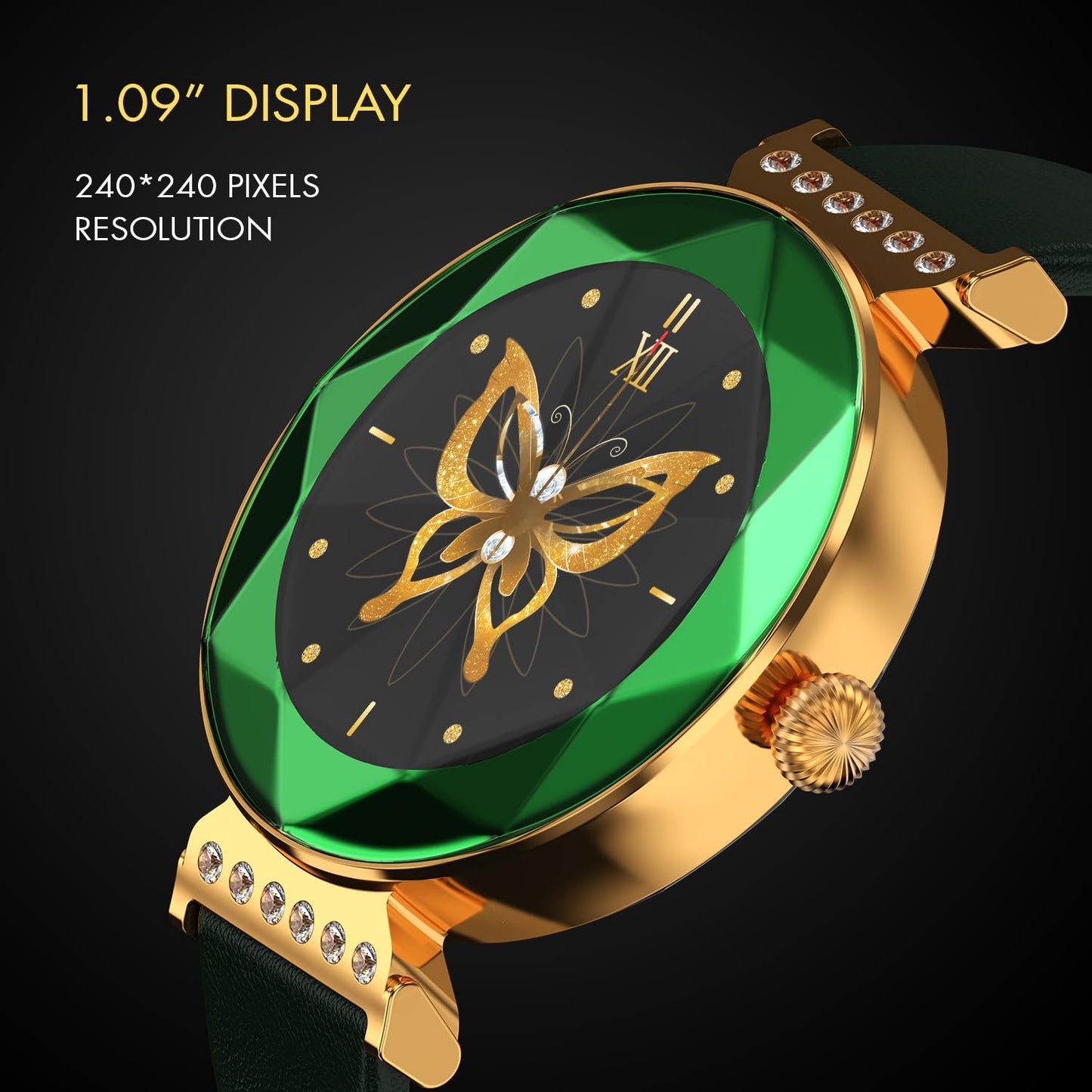 Fire-Boltt Emerald Gemstone-Studded Diamond Cut Smart Watch with 1.09” HD Display, Multiple Sports Modes, Health Suite, Wireless Charging, IP68 with Additional Stainless Steel Strap (Green)