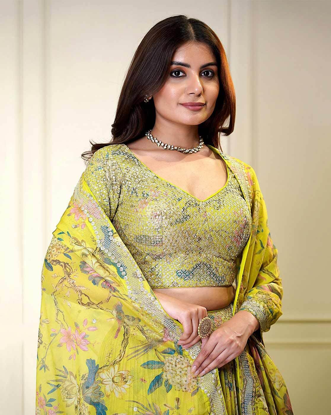 JIHU CULTURE Yellow Digital Print with Sequence Zari Embroidery Work Semi-Sttiched Lehenga Choli Set For Women's