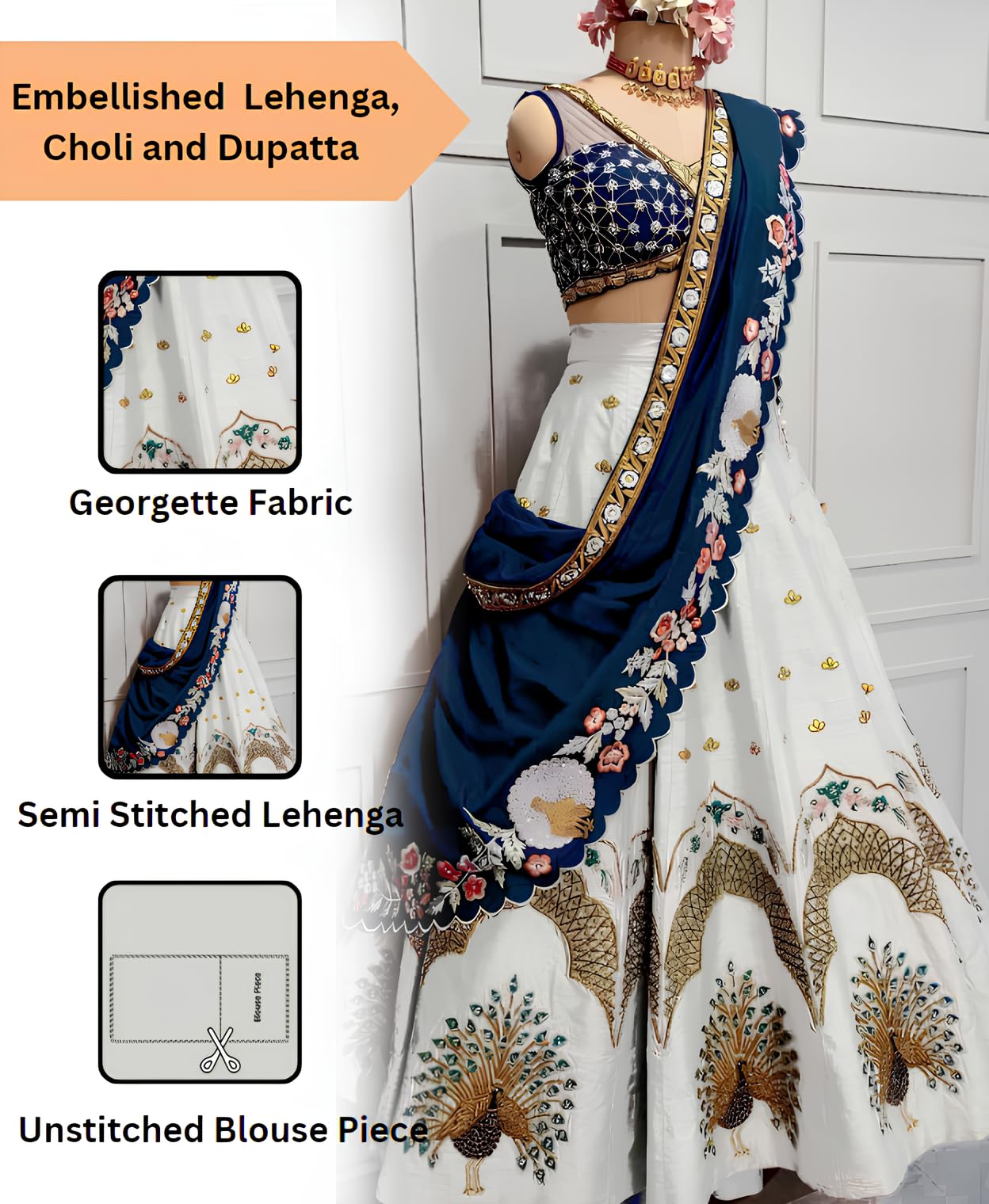 SHYAMLATA Women's White Embroidered Satin Silk Semi-Stitched Lehenga Choli For Women I Designer I New I Bridal I Bollywood I Letest I Stylish I Lehenga For Women