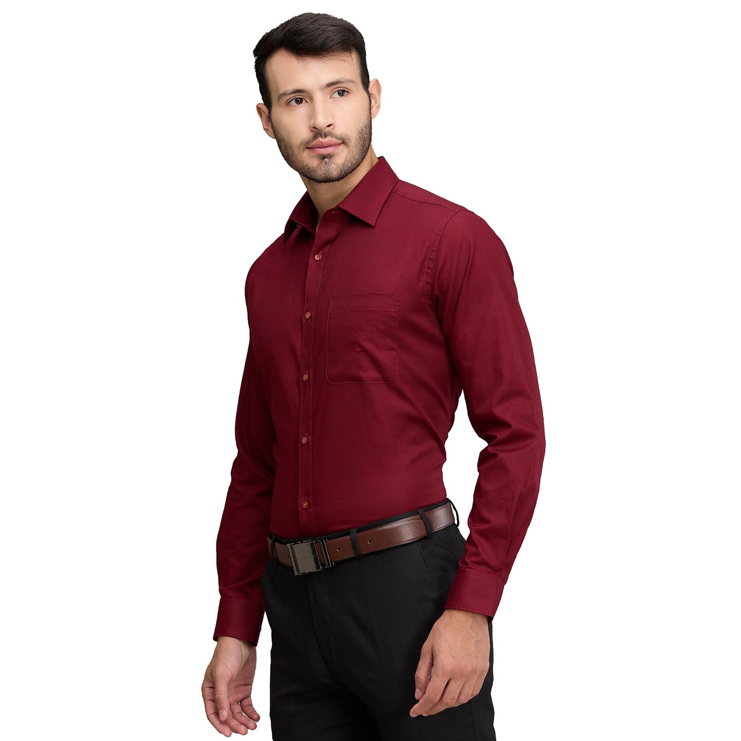 Raymond Men's Slim Fit Solid Pattern Pure Cotton Full Sleeve Semi Cut Away Collar Formal Shirt (Size: 42)-RMSX12982-R7 Dark Red