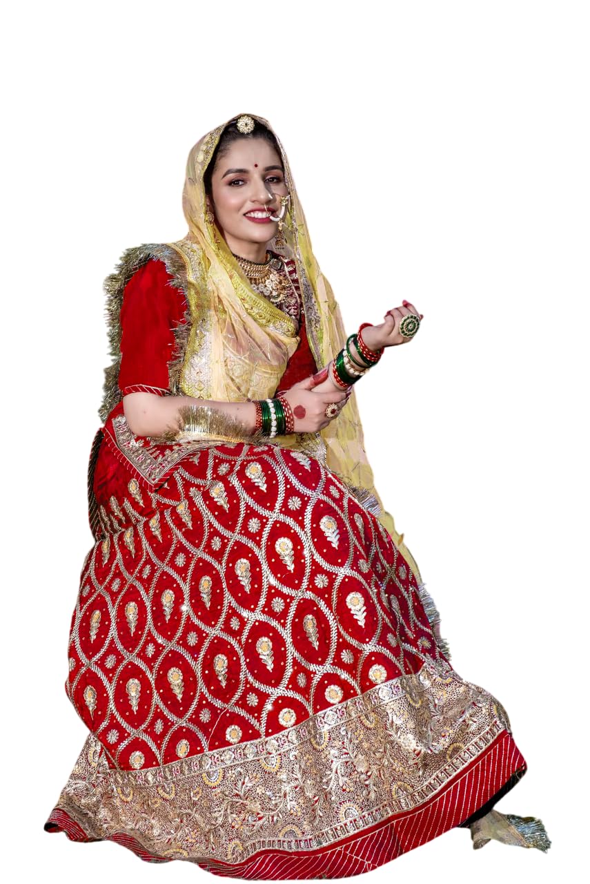 SHYAMLATA Latest Heavy sequins Work Semi Stitched Shimmer Silk Rajputi Poshak For Women Rajasthani Lehenga Choli (Red)