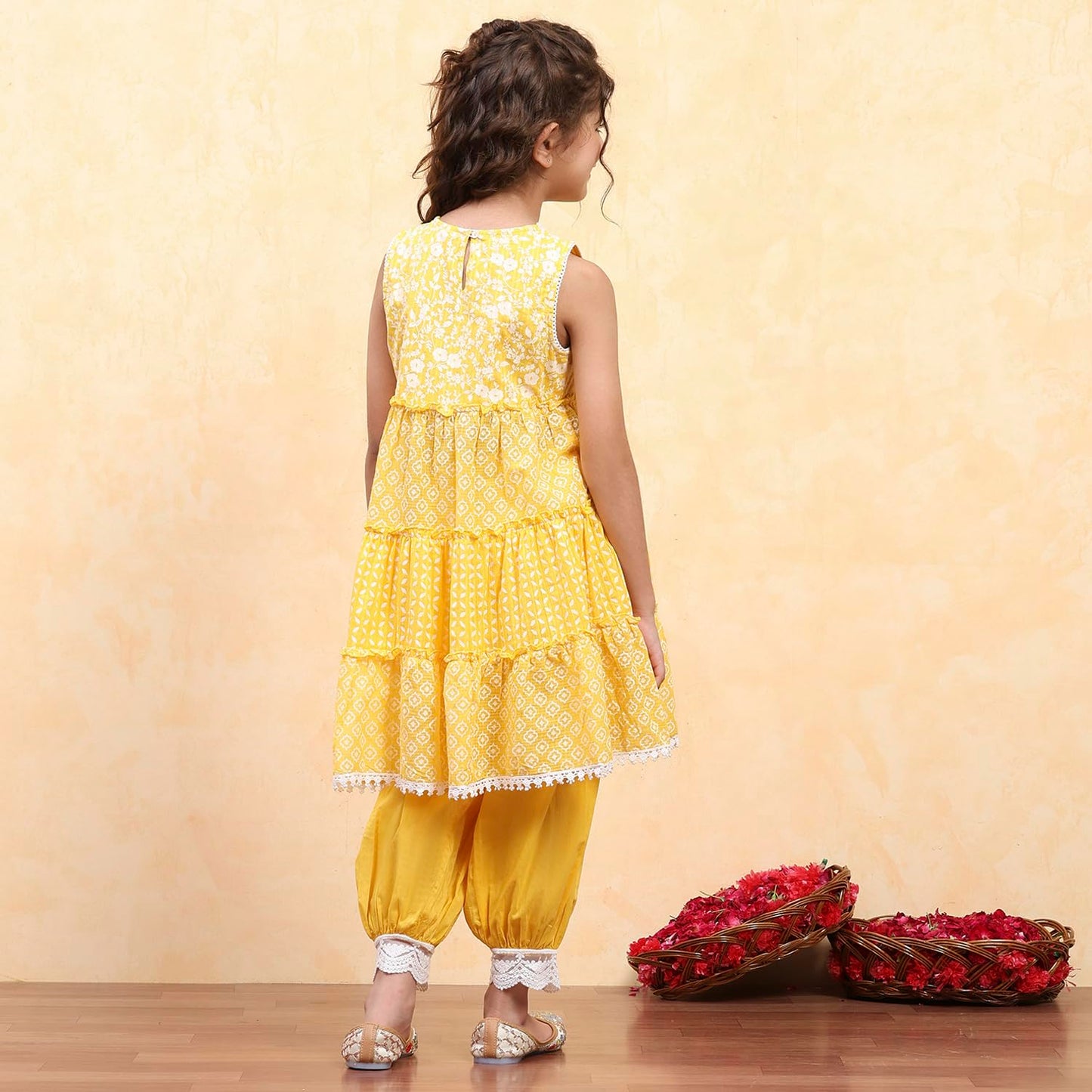 Biba Girl's Yellow Cotton Tiered Printed Kurta Salwar Set