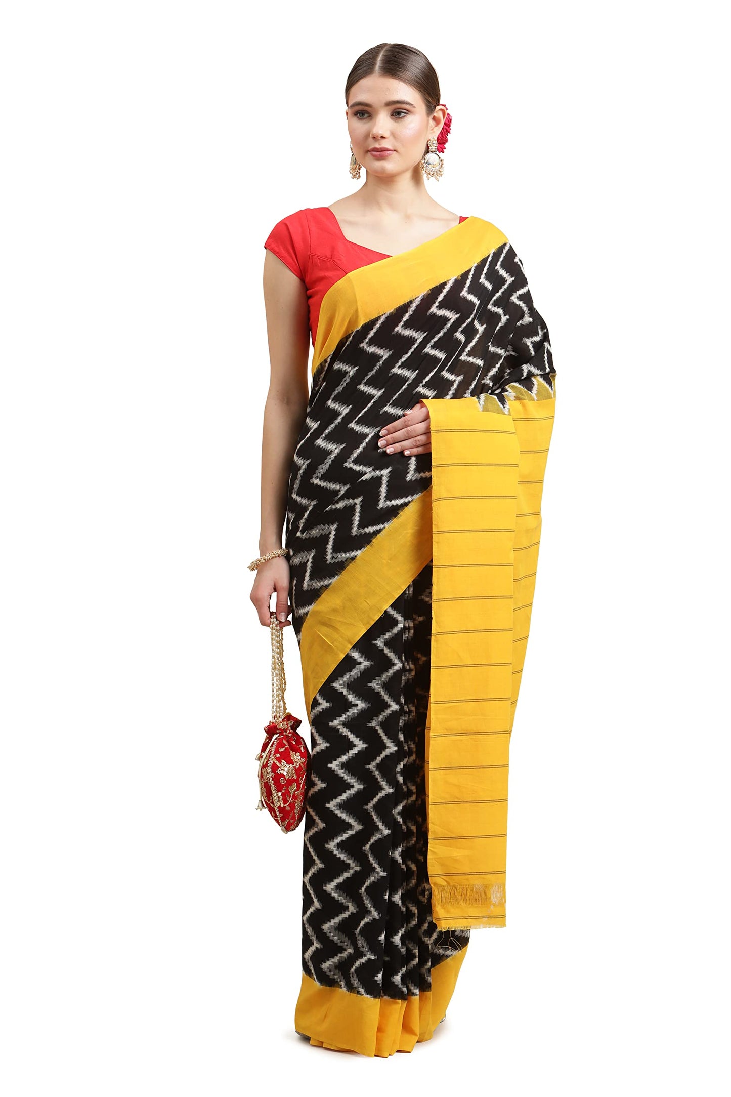 Aditri Women's Handloom Ikat on Cotton Saree with Running Blouse (Multicolored)