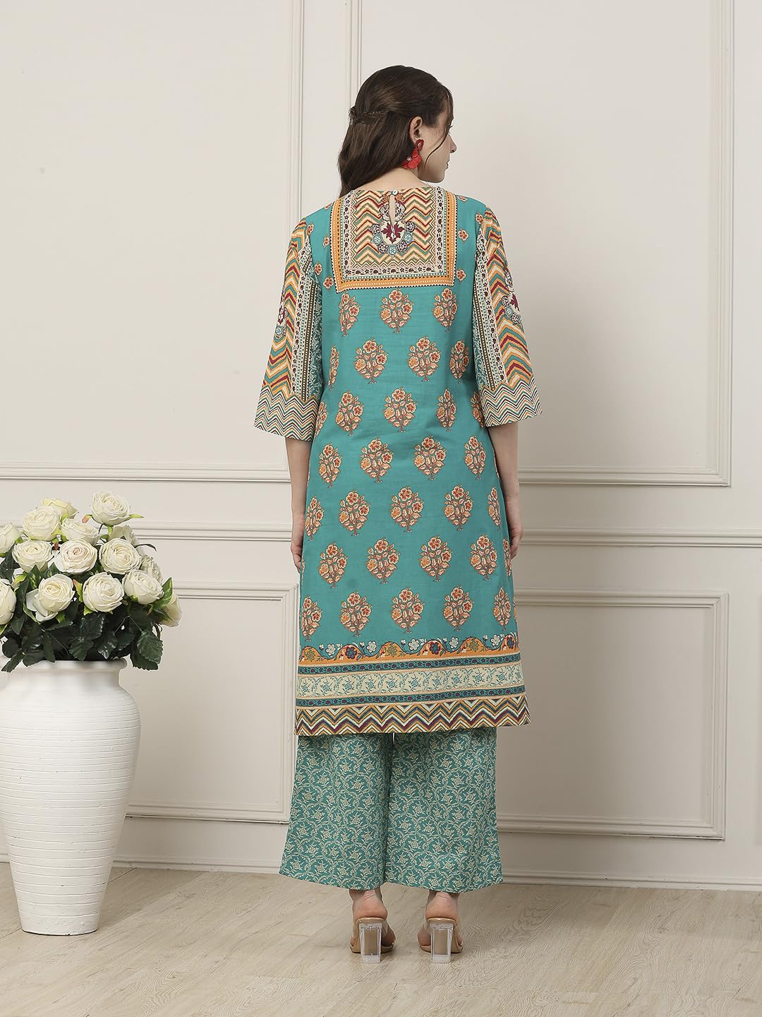 Biba Women Green Cotton Straight Suit Set_34