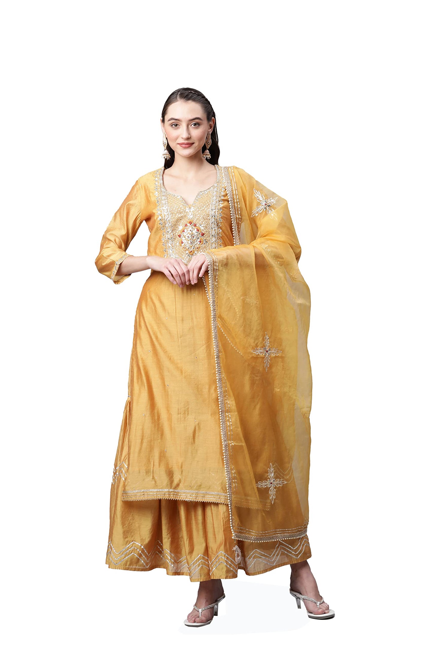 Divena Yellow Gold Solid Chenderi Kurta Sharara Set with Dupatta-DK0738-3XL