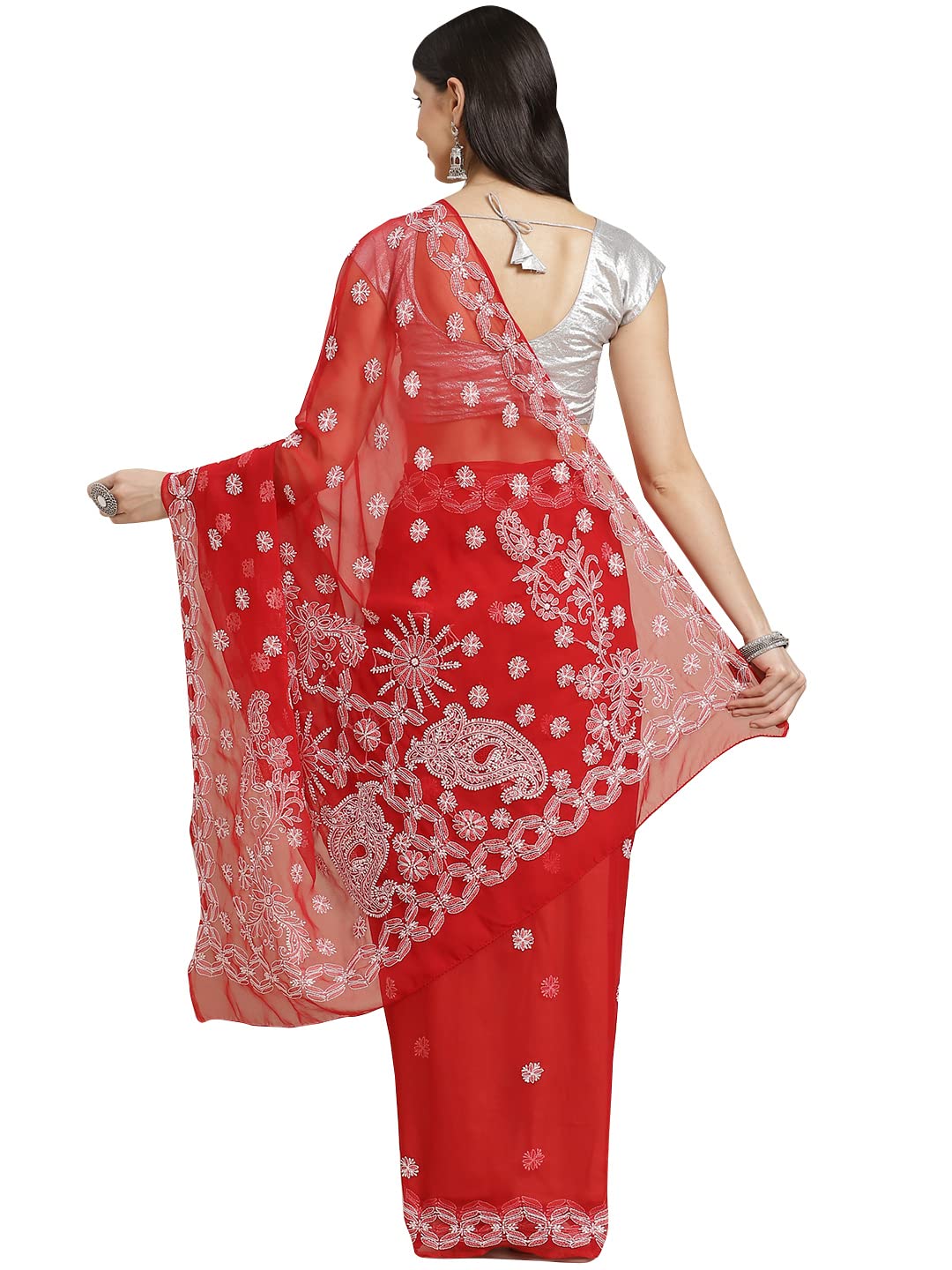 Ada Women Hand Embroidered Lucknowi Chikankari Georgette Saree With Unstitched Blouse Piece A130145, Red