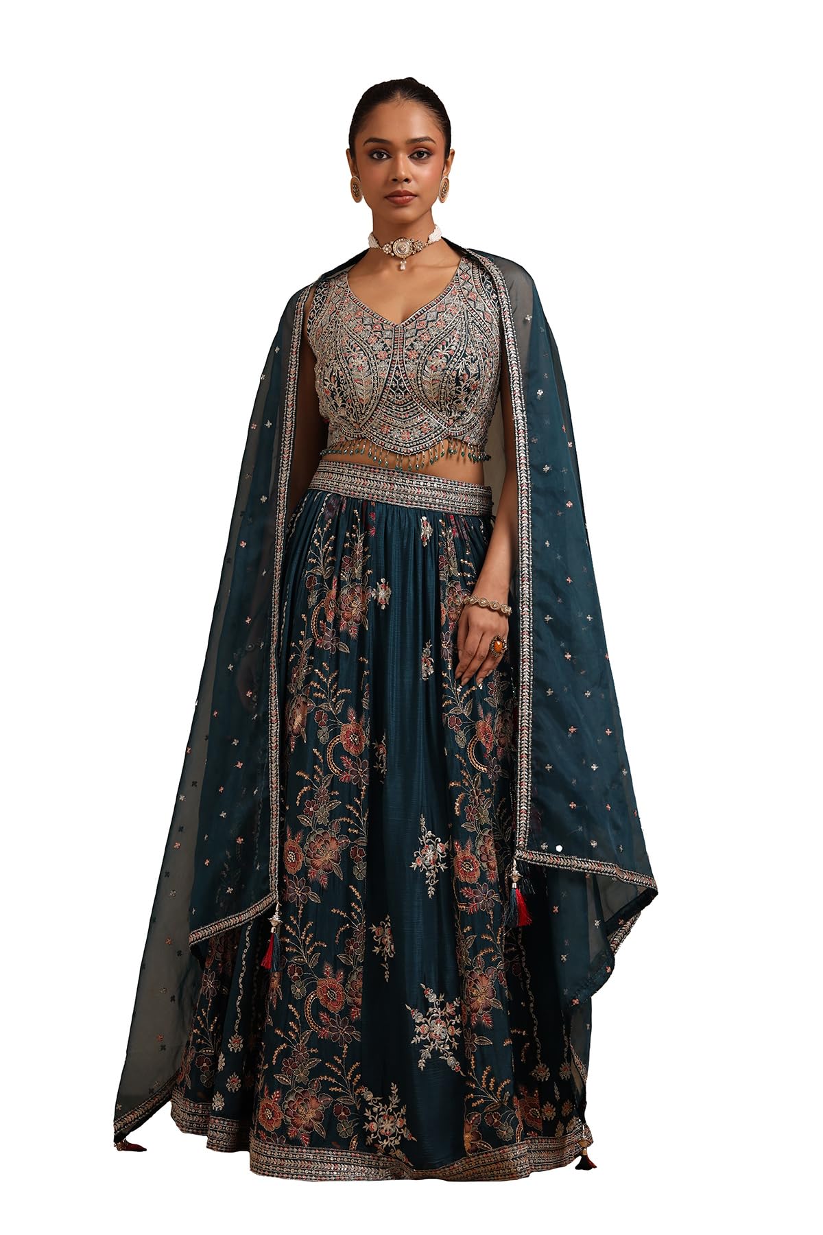 Soch Womens Teal Green Chinon Embroidered Ghagra Choli With Stone Work