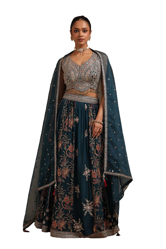 Soch Womens Teal Green Chinon Embroidered Ghagra Choli With Stone Work