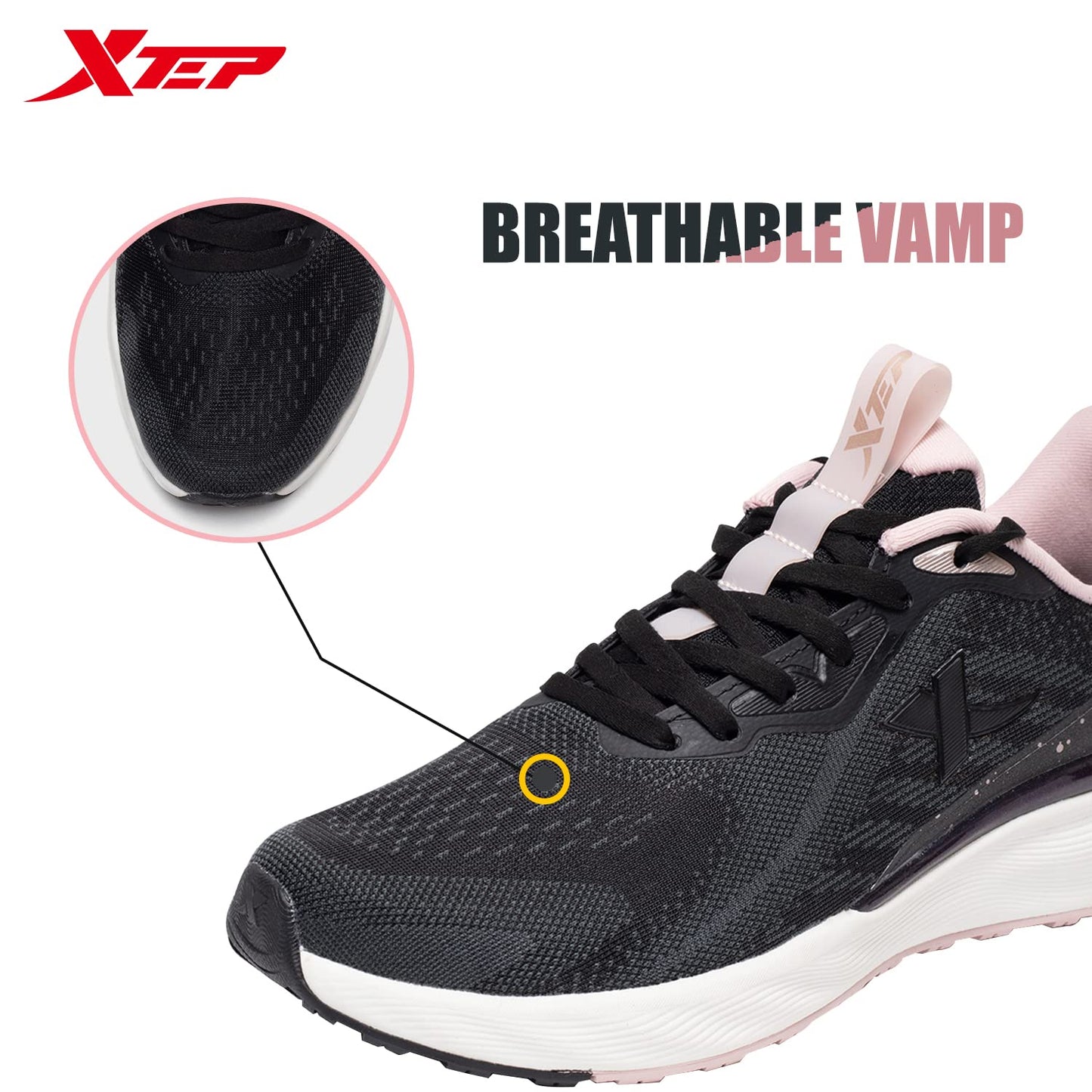 XTEP Women's Dynamic Rebounding Sole Soft Mesh Upper Running Shoes (Black Golden, 3 UK)