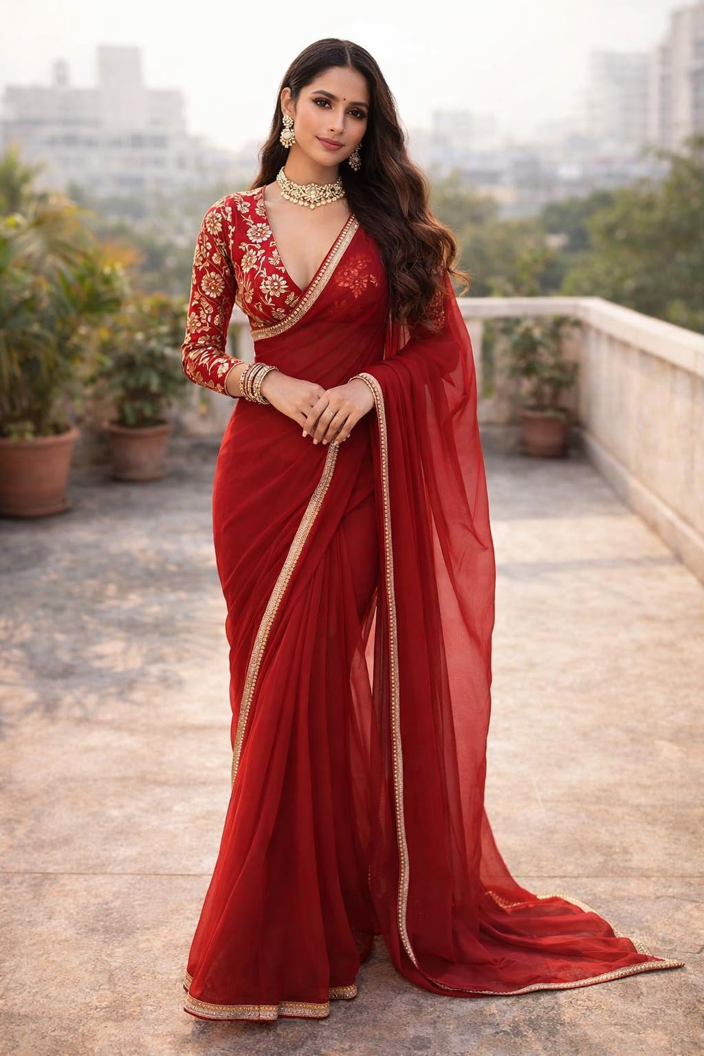 Ekasya Women Red Solid Pattern Embroidery Saree With Unstitched Blouse (E6370)