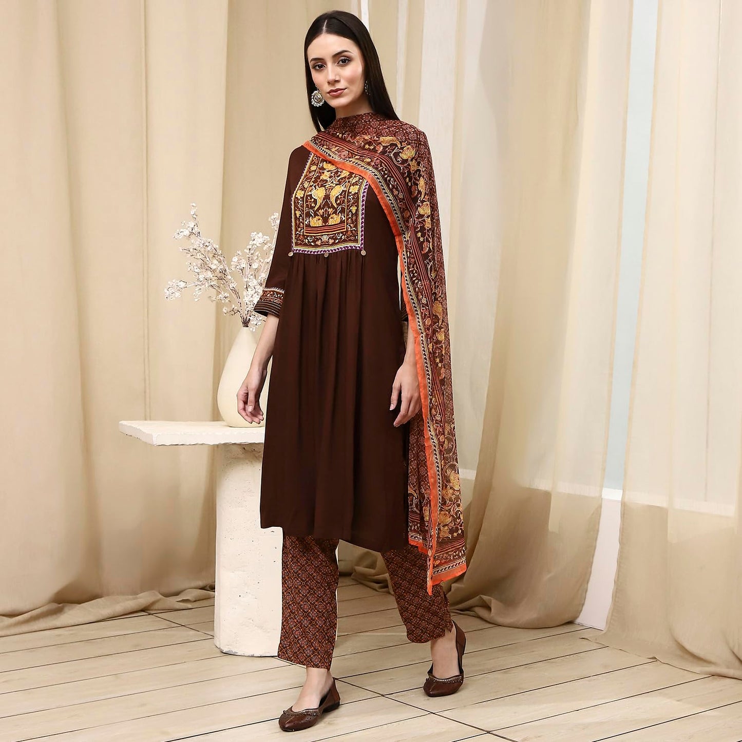 Biba Women's 30'S Rayon Kurta Set (SKDCHAR8178ESS25BRN_Brown