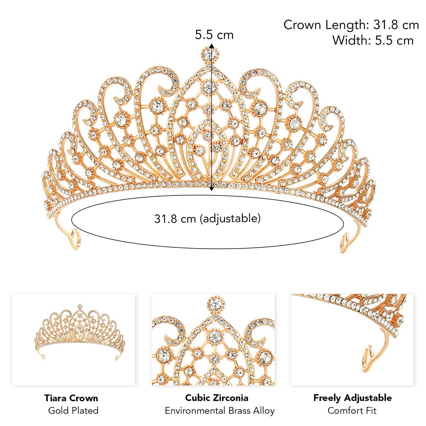 Peora Gold Plated Cubic Zirconia Studded Princess Tiara Crown for Girls & Women Birthday Hair Accessories