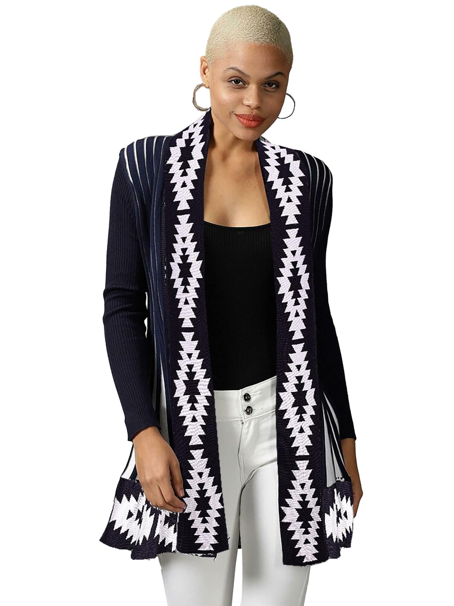 ICW Women's Knitted Stretchable Cardigan Front-Open Full Sleeve Winter Long Shrug Jacket (ONE Size FIT to 32-38 INCH Bust) (Blue 5)