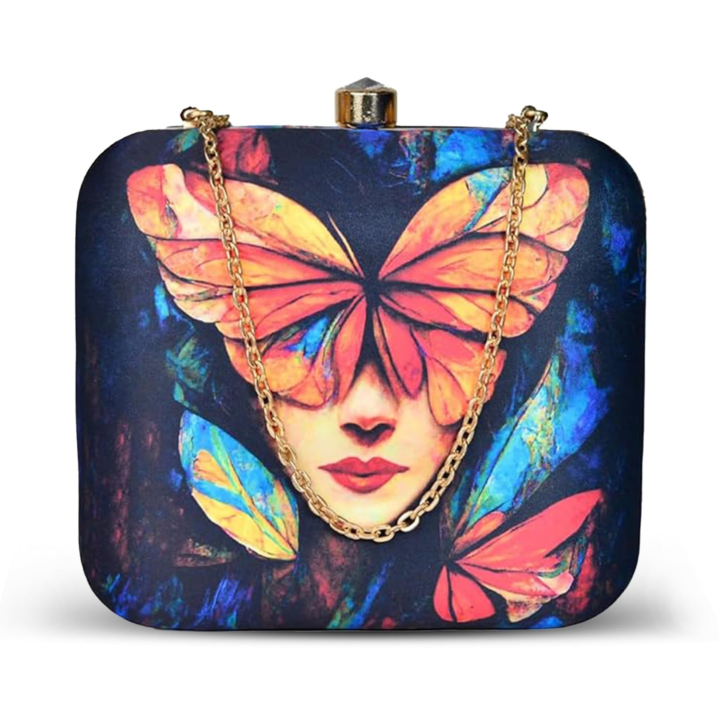 Artklim Women’s Butterfly Portrait Printed Clutch Bag | Stylish Ethnic Ladies Evening Handbag for Party, Bridal and Wedding Use | Box-Style Clutch Purse with Detachable Metal Chain Strap (Multicolor)