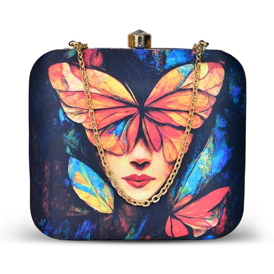 Artklim Women’s Butterfly Portrait Printed Clutch Bag | Stylish Ethnic Ladies Evening Handbag for Party, Bridal and Wedding Use | Box-Style Clutch Purse with Detachable Metal Chain Strap (Multicolor)
