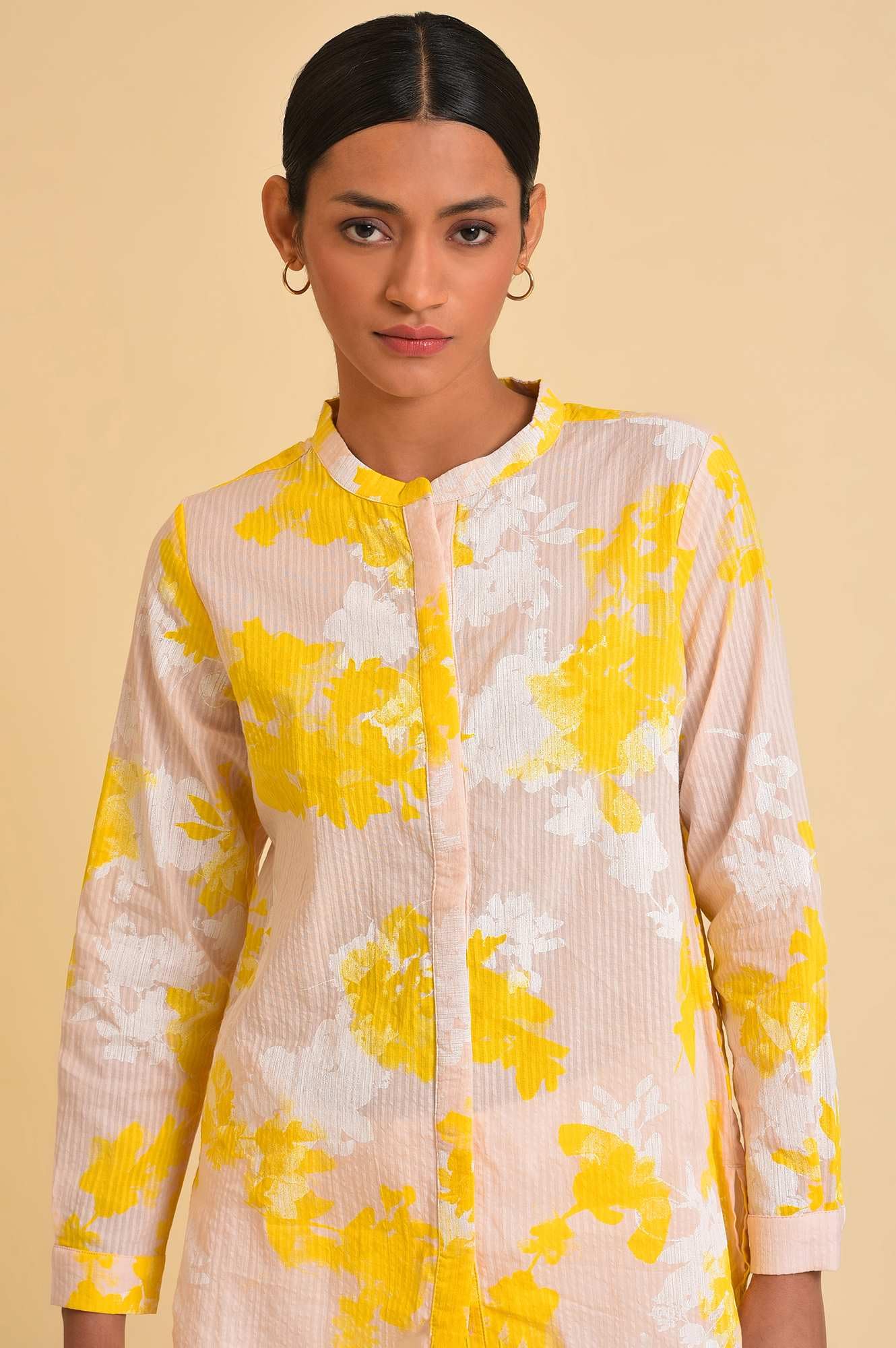 W For Woman Light Pink Floral Printed Cotton Shirt Style Top