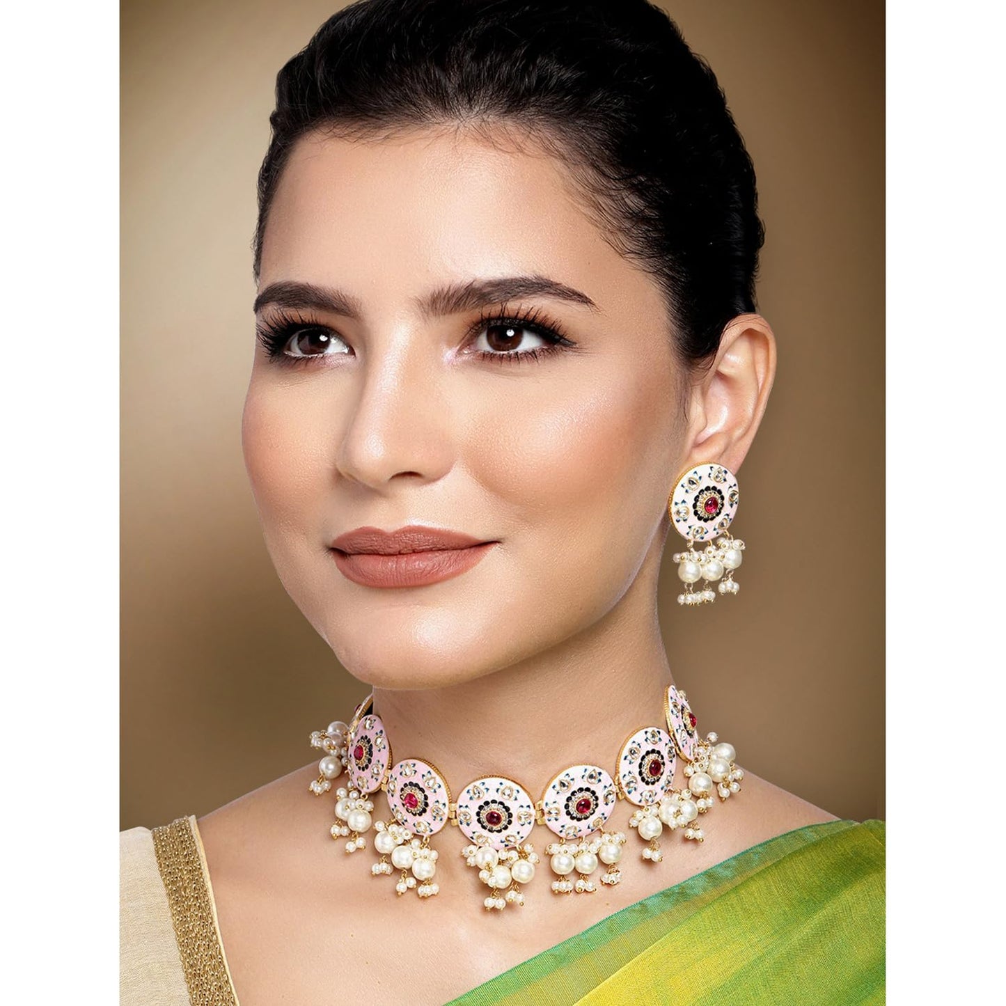 Peora Original Handcrafted Pink Meenakri Choker Necklace with Earrings Jewellery Set for Women