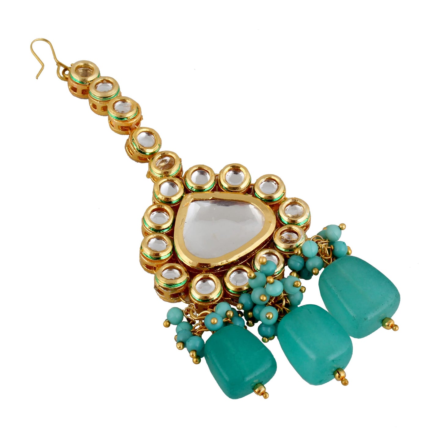 Lucky Jewellery Meenakari 18K Gold Plated Turquoise Blue Pentagon Shape Uncut Kundan Combo Necklace Set For Women