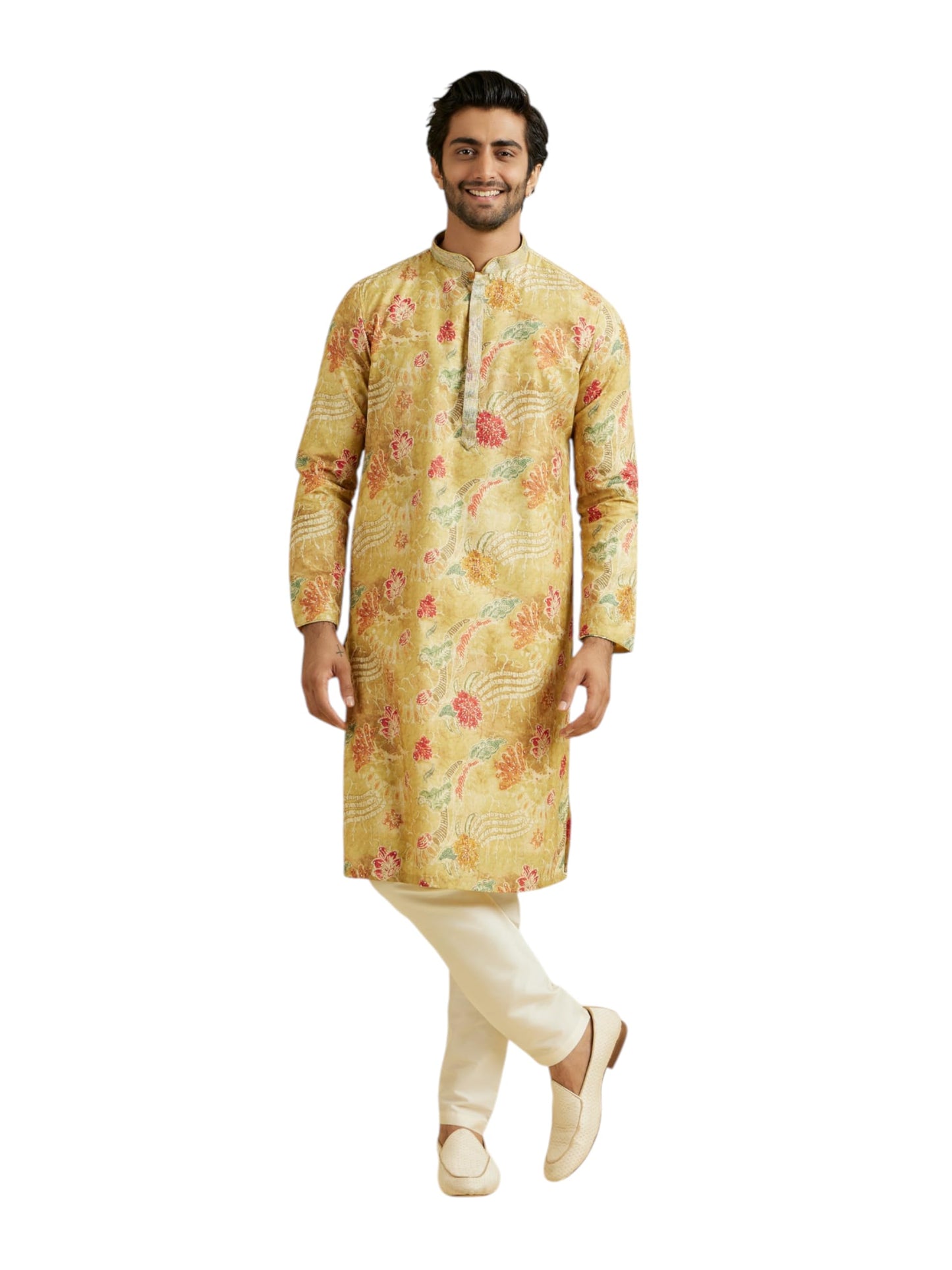 Manyavar Men's Floral Print & Stone Embellished Kurta Pyjama Set (2pcs)
