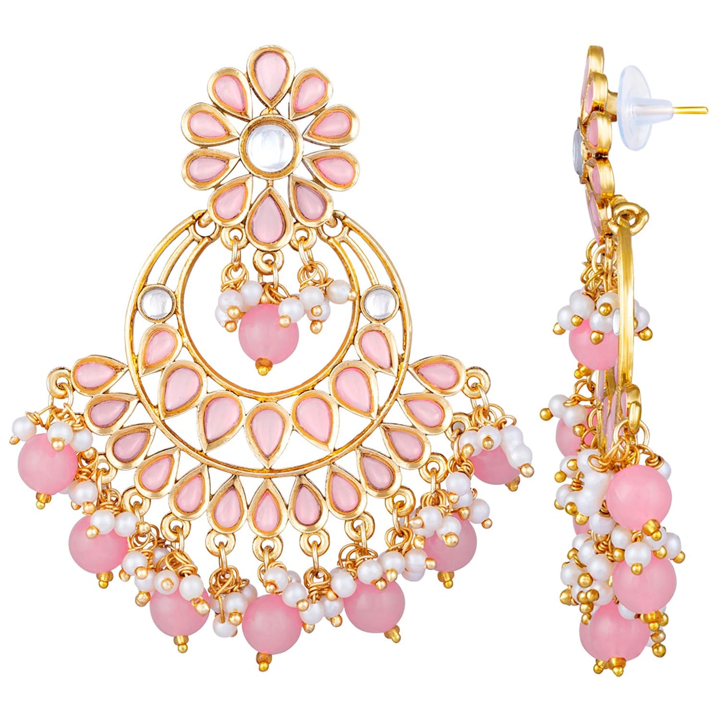 Peora Gold Plated Studded Chandbali Dangle Fashion Earrings for Women (Pink)