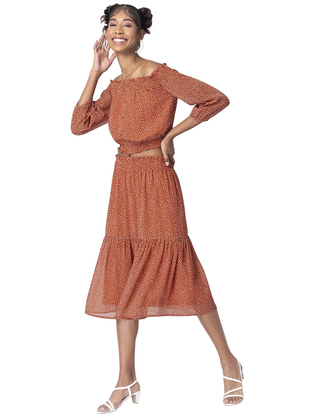 FabAlley Georgette Rust Polka Smocked Midi Skirt and Bardot Top Set