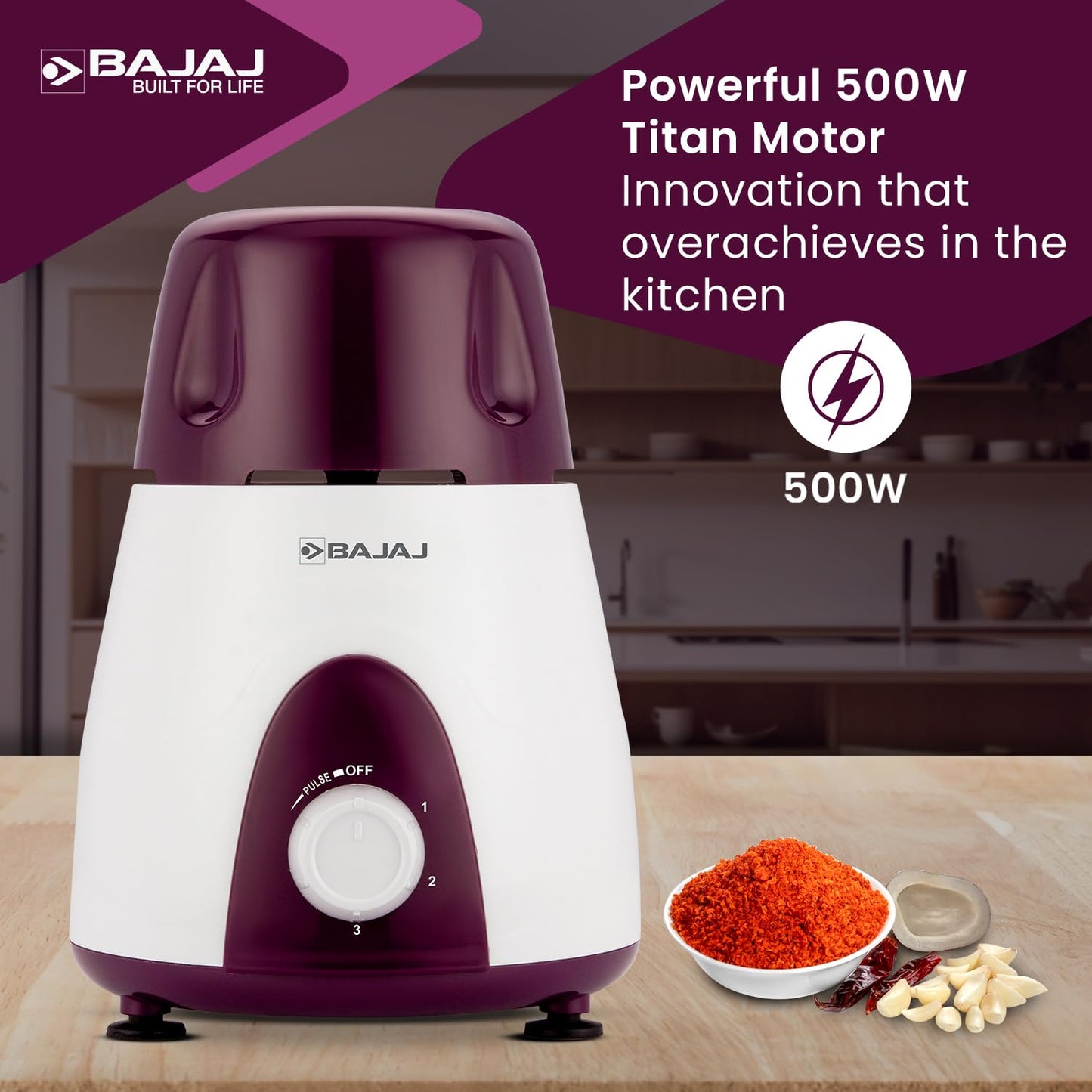 Bajaj Rex Mixer Grinder 500W | Mixie For Kitchen With Nutri-Pro Features | 3 SS Mixer Jars For Heavy Duty Grinding | Adjustable Speed Control | Multifunctional Blade System | 2 Yr Warranty【Purple】