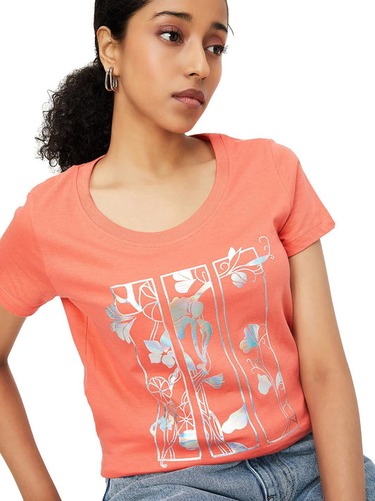Max Women's Cotton Regular Fit Metallic Printed T-Shirt (Sp24Ccp05Orange)_M